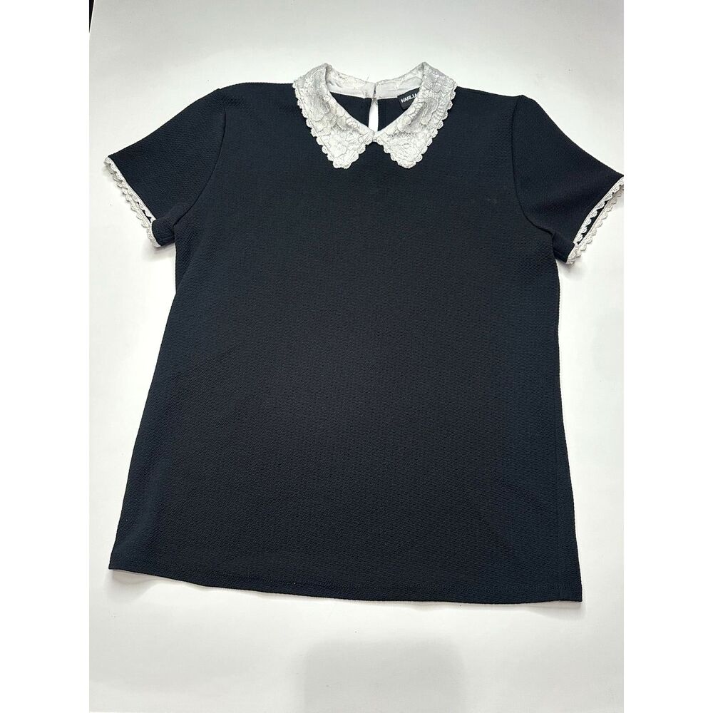 Karl Lagerfeld Lace Collar Trim Black White Dressy Top Blouse Small